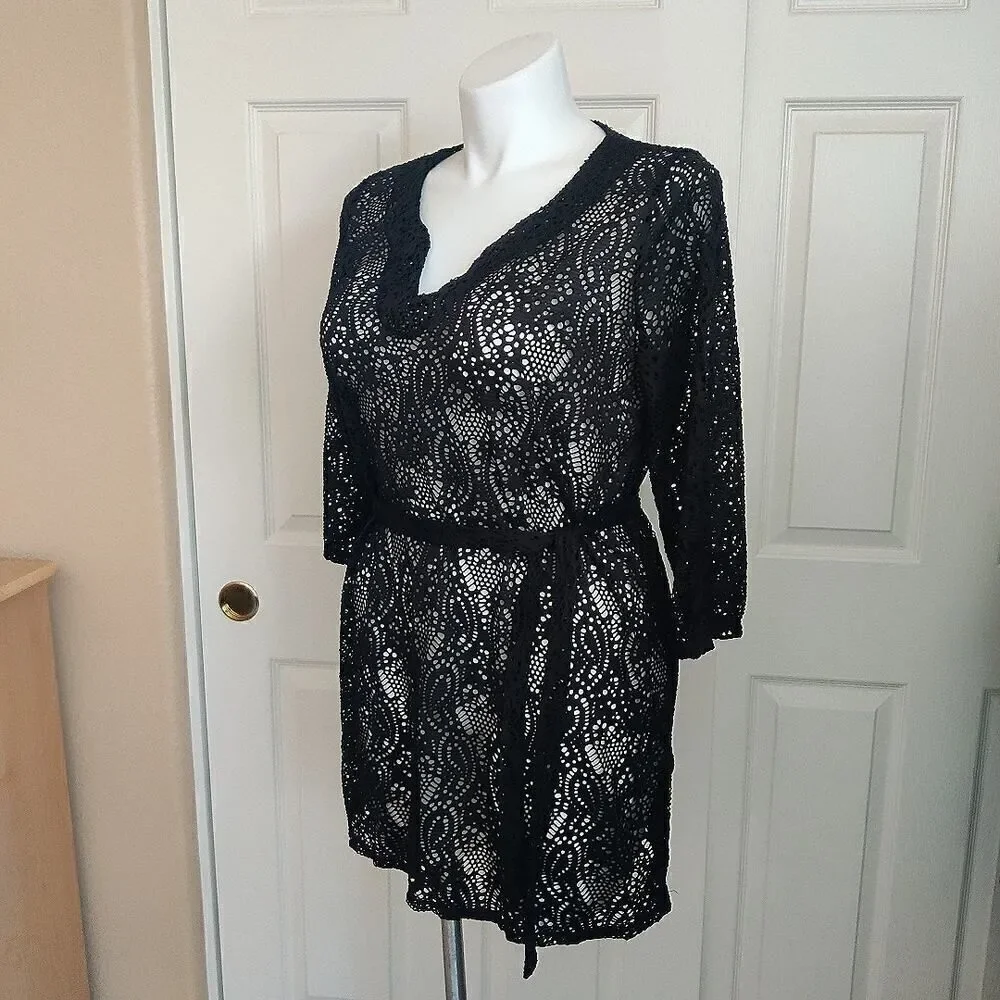 Merona belted sheer black lace swim coverup sz L